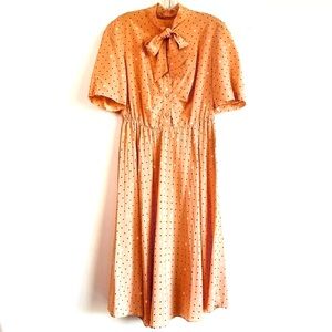 VINTAGE 1950s Pleated Polka Dot Orange Midi Dress size Medium